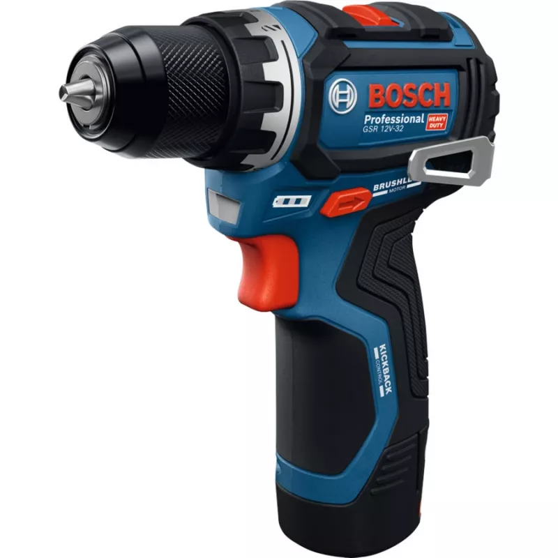 Bosch Professional GSR 12V-32 Juhtmeta puur-kruvikeeraja (12V, 2x 2.0Ah Li-Ion, 36-osaline tarvikukomplekt, tööriistakott, sinine/must)