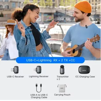 BOYA Mini 2-01 Traadita Mikrofonisüsteem 2.4GHz 2 saatja ja 2 vastuvõtjaga (USB-C ja Lightning) Must