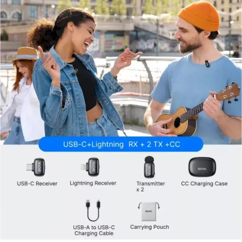 BOYA Mini 2-01 Traadita Mikrofonisüsteem 2.4GHz 2 saatja ja 2 vastuvõtjaga (USB-C ja Lightning) Must