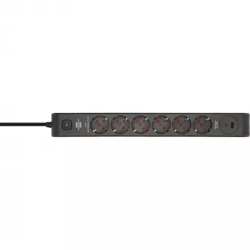 BRENNENSTUHL 6-kohaline pikendusjuhe 1x USB-C, 1x USB-A, liigkaitse 13 500 A, 2 m kaabel, must/antratsiit