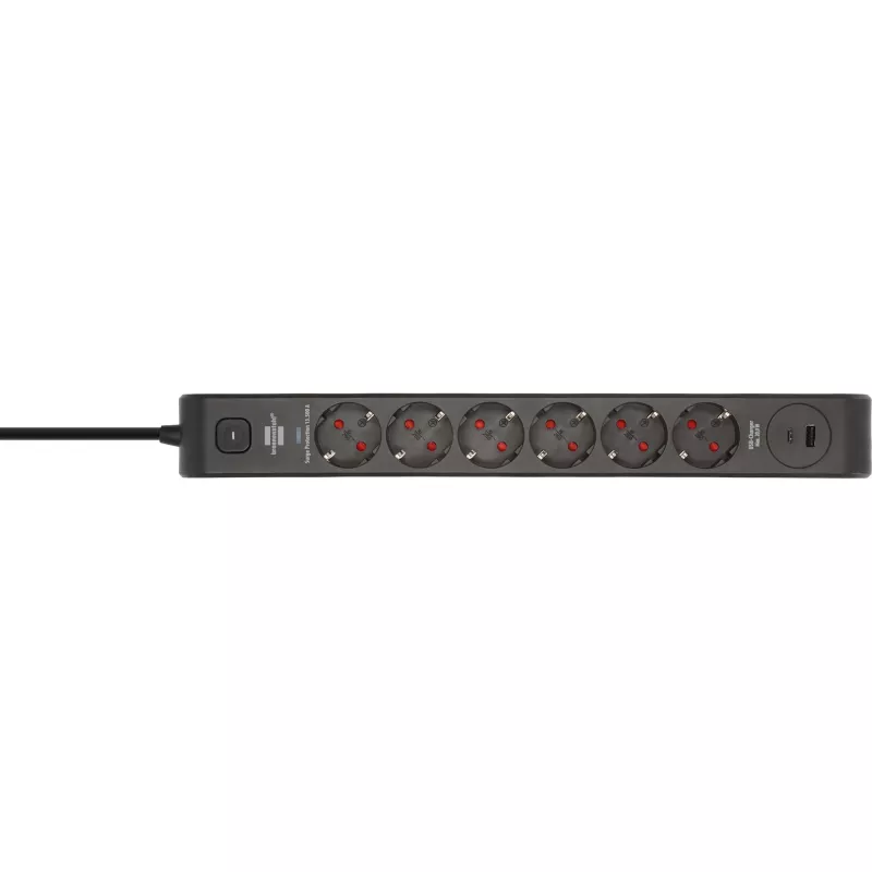 BRENNENSTUHL 6-kohaline pikendusjuhe 1x USB-C, 1x USB-A, liigkaitse 13 500 A, 2 m kaabel, must/antratsiit