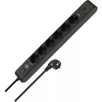 BRENNENSTUHL 6-kohaline pikendusjuhe 1x USB-C, 1x USB-A, liigkaitse 13 500 A, 2 m kaabel, must/antratsiit