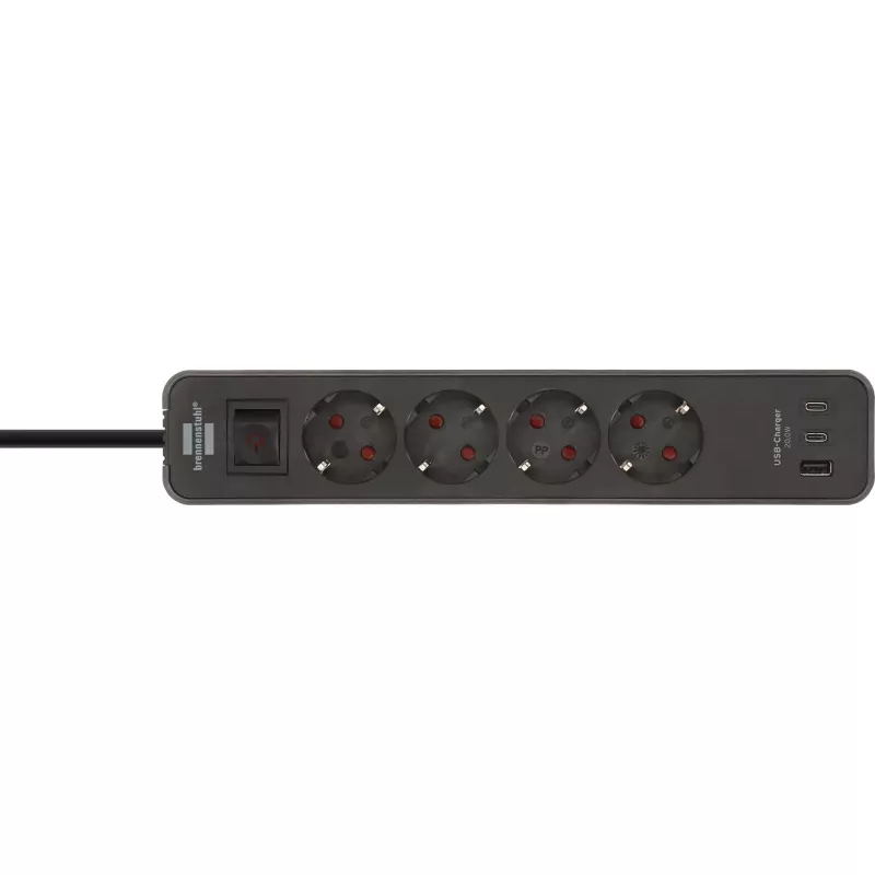 Brennenstuhl Ecolor toiteplokk 4-kohaline 2x USB-C, 1x USB-A, 1,5 m kaabel, turvalüliti, must/antratsiit