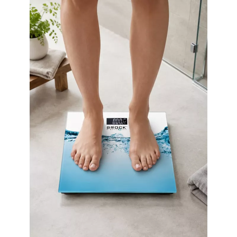 Brock BS 005 digitaalne vannitoakaal karastatud klaasplatvormiga, 180 kg mahutavus, 100 g täpsus, automaatne sisse/välja, aku kaasas