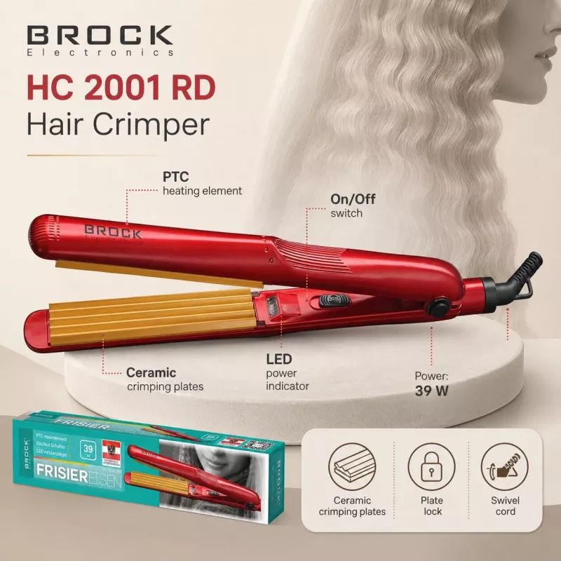 Brock HC 2001 RD keraamiline juuksekrussija 25W punane