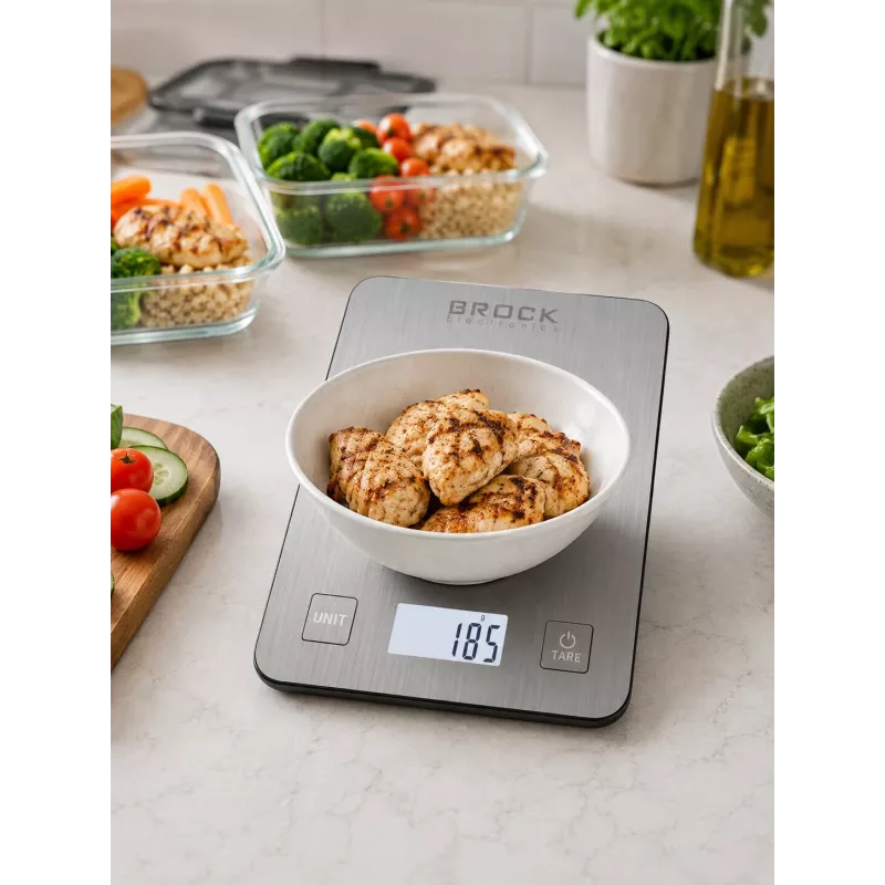 Brock SKS 1009 digitaalne köögikaal LED-ekraaniga, 5 kg mahutavus, 1 g täpsus, karastatud klaasist platvorm, must