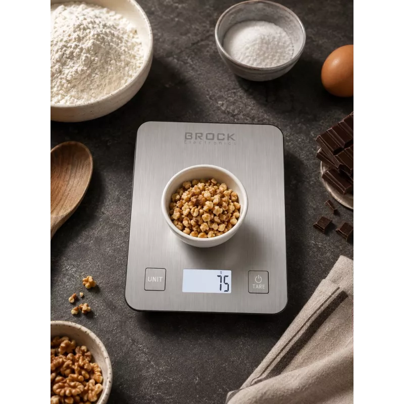 Brock SKS 1009 digitaalne köögikaal LED-ekraaniga, 5 kg mahutavus, 1 g täpsus, karastatud klaasist platvorm, must