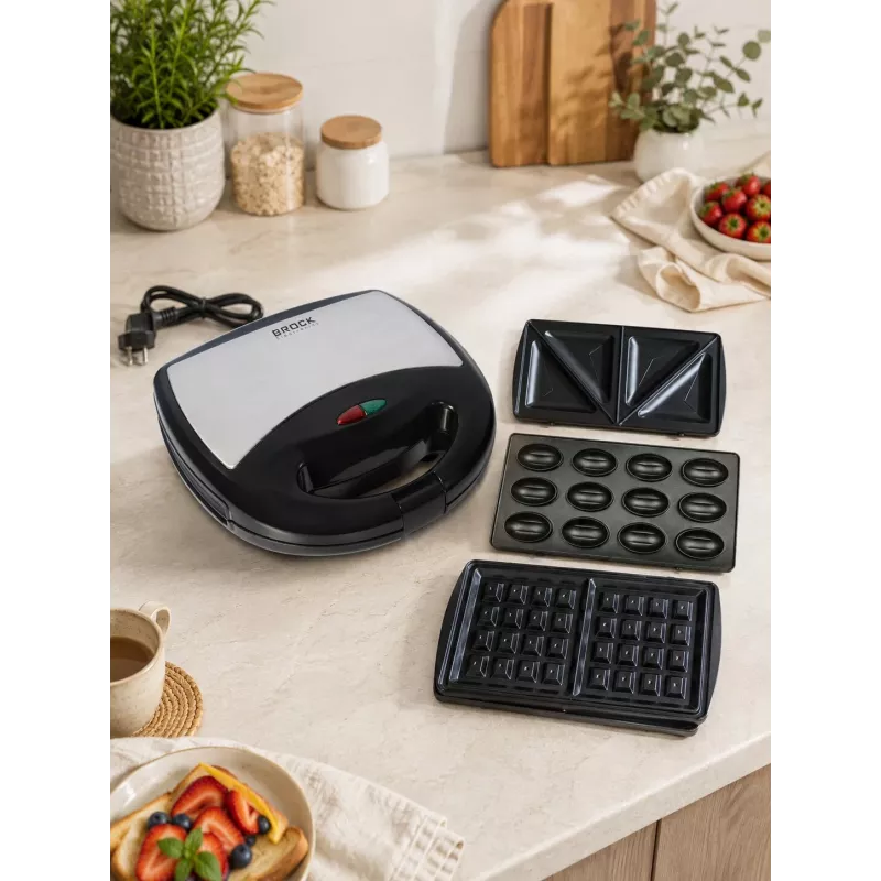 Brock SSM 2004 SS 3-in-1 võileiva-, vahvli- ja pähklikoogimasin, 750W, must/teras