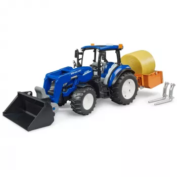 BRUDER New Holland T5.120 traktor koos esilaaduri, laadimiskasti ja kahvlitega 1:16