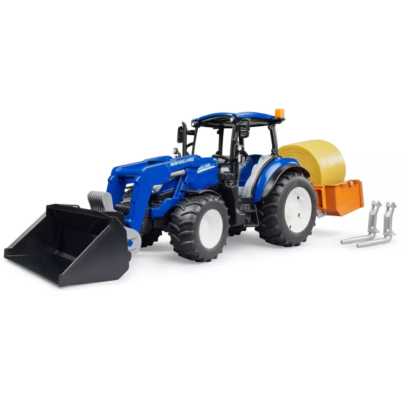 BRUDER New Holland T5.120 traktor koos esilaaduri, laadimiskasti ja kahvlitega 1:16