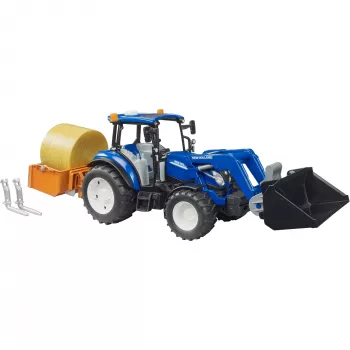 BRUDER New Holland T5.120 traktor koos esilaaduri, laadimiskasti ja kahvlitega 1:16