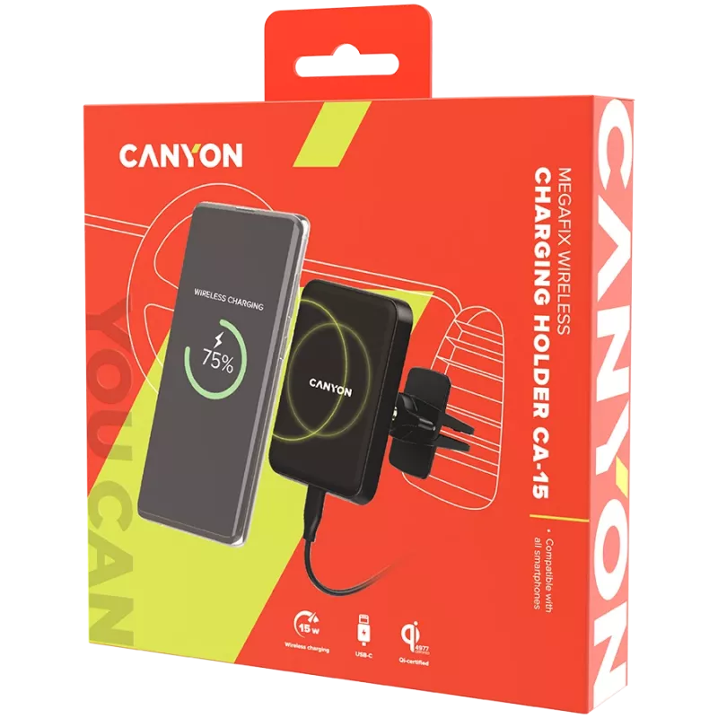 CANYON CH-15 Auto hoidik ja juhtmevaba laadija MegaFix, 15W, USB-C, must