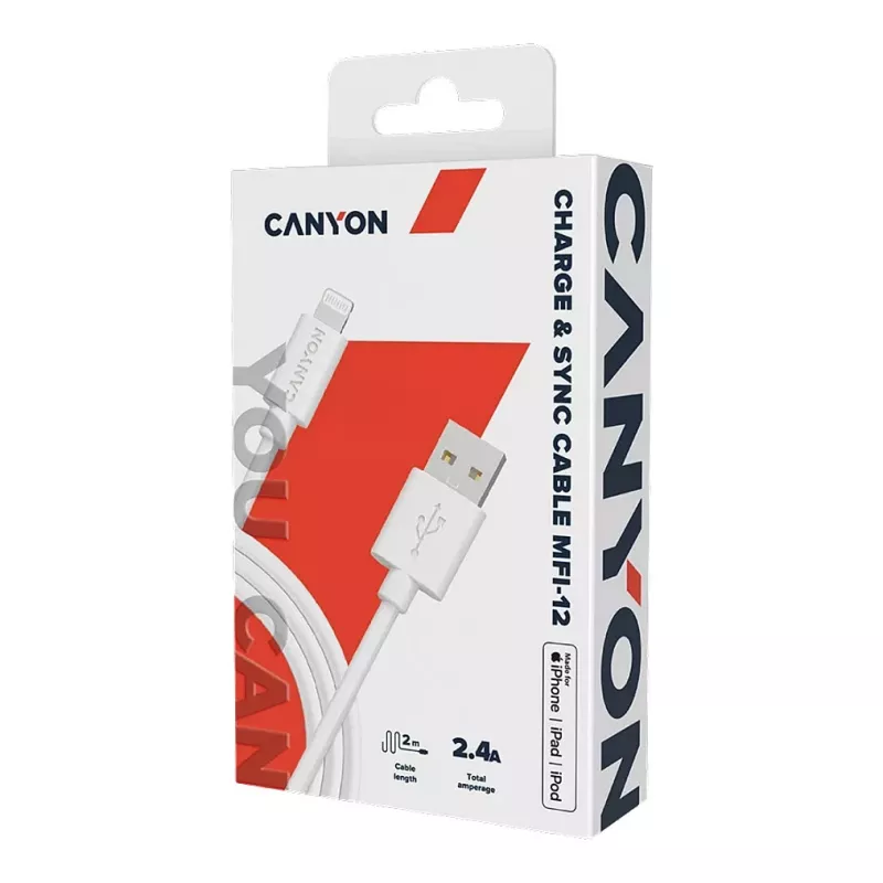 CANYON MFI-12 USB-A to Lightning kaabel 2m Valge