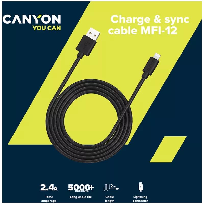 CANYON MFI-12 USB-A to Lightning kaabel 2m Valge