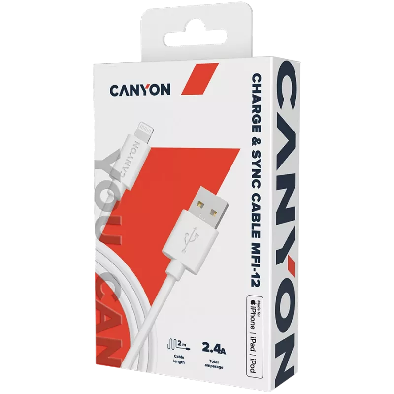 CANYON MFI-12 USB-A to Lightning kaabel 2m Valge