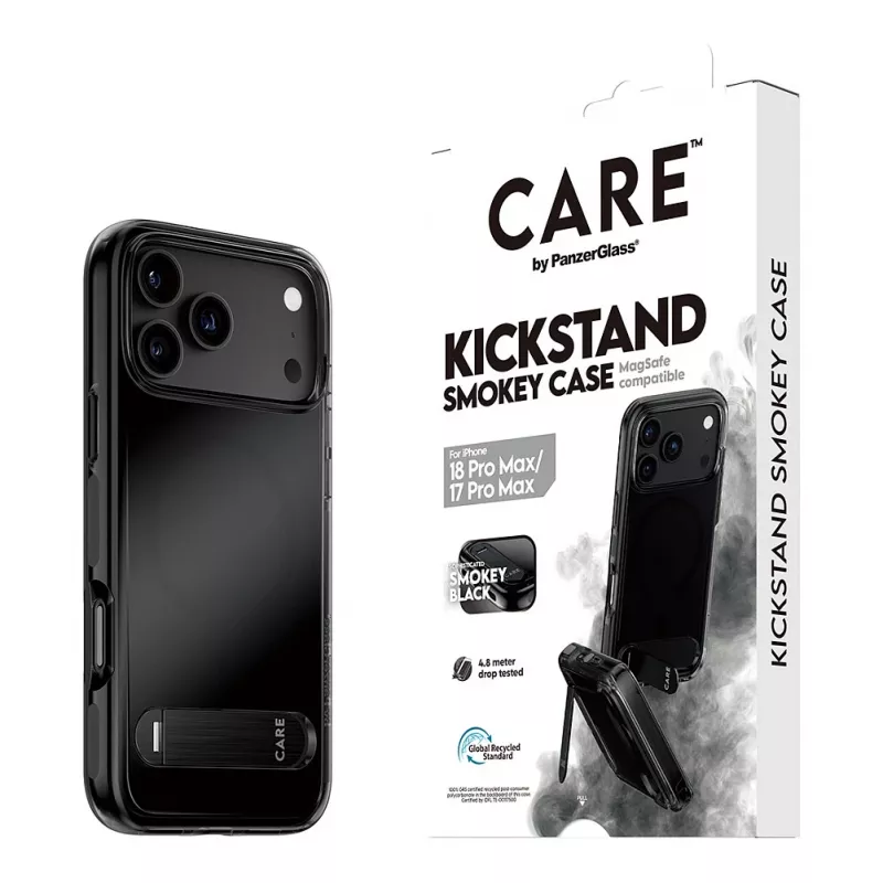 CARE by PanzerGlass Kickstandi ümbris Smokey koos musta MagSafe'iga iPhone 17 Pro Maxile