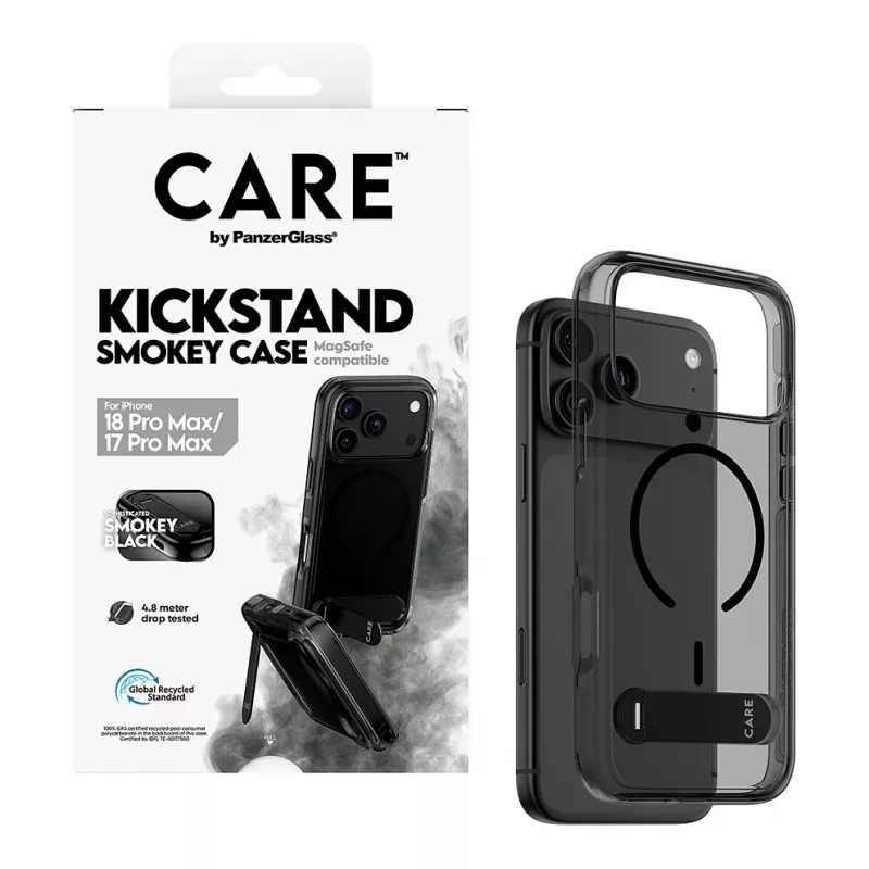 CARE by PanzerGlass Kickstandi ümbris Smokey koos musta MagSafe'iga iPhone 17 Pro Maxile
