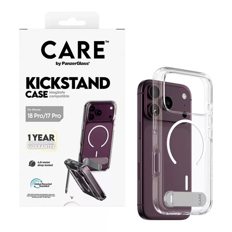 CARE by PanzerGlass Kickstand Case läbipaistev valge MagSafe'iga iPhone 17 Pro jaoks