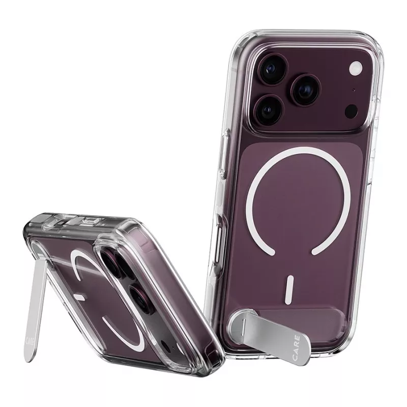 CARE by PanzerGlass Kickstand Case läbipaistev valge MagSafe'iga iPhone 17 Pro jaoks