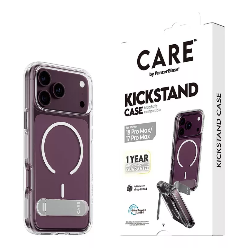 CARE by PanzerGlass Kickstand Case läbipaistev valge MagSafe'iga iPhone 17 Pro Maxile