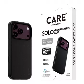 CARE by PanzerGlass Solo vegan-nahast ümbris must MagSafe'iga iPhone 17 Pro jaoks