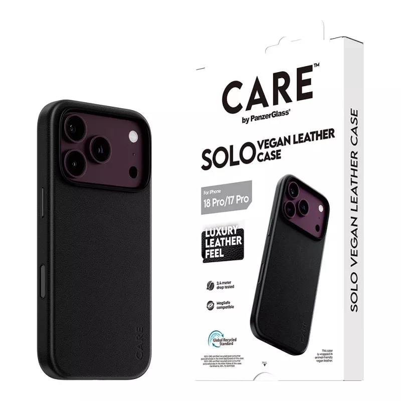 CARE by PanzerGlass Solo vegan-nahast ümbris must MagSafe'iga iPhone 17 Pro jaoks