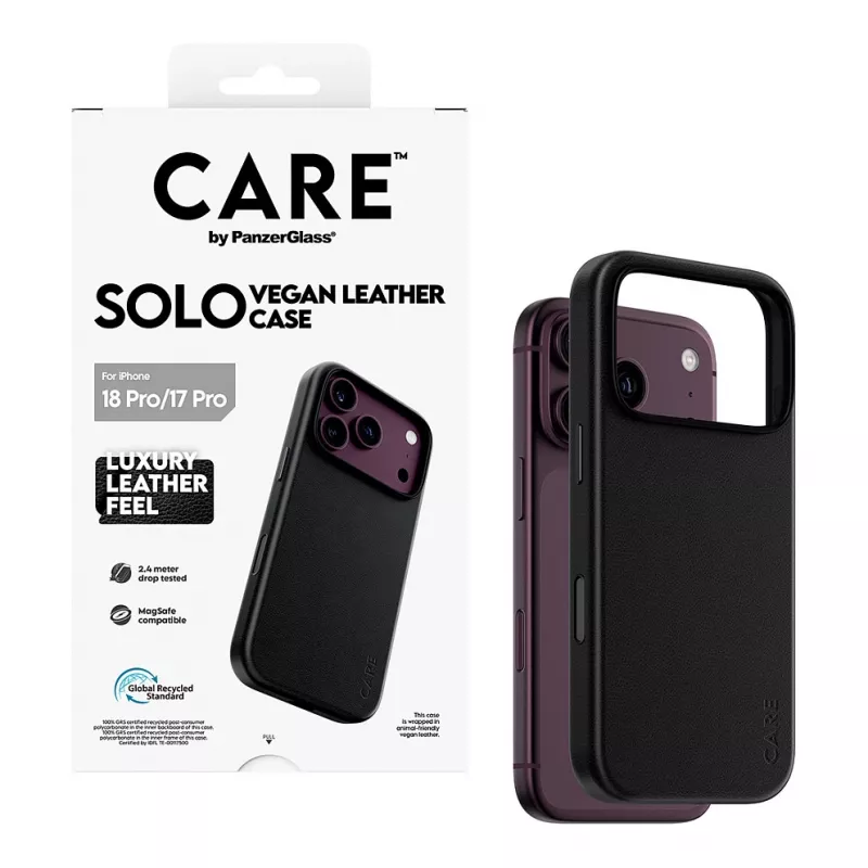 CARE by PanzerGlass Solo vegan-nahast ümbris must MagSafe'iga iPhone 17 Pro jaoks