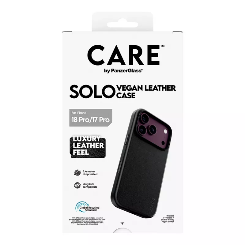 CARE by PanzerGlass Solo vegan-nahast ümbris must MagSafe'iga iPhone 17 Pro jaoks