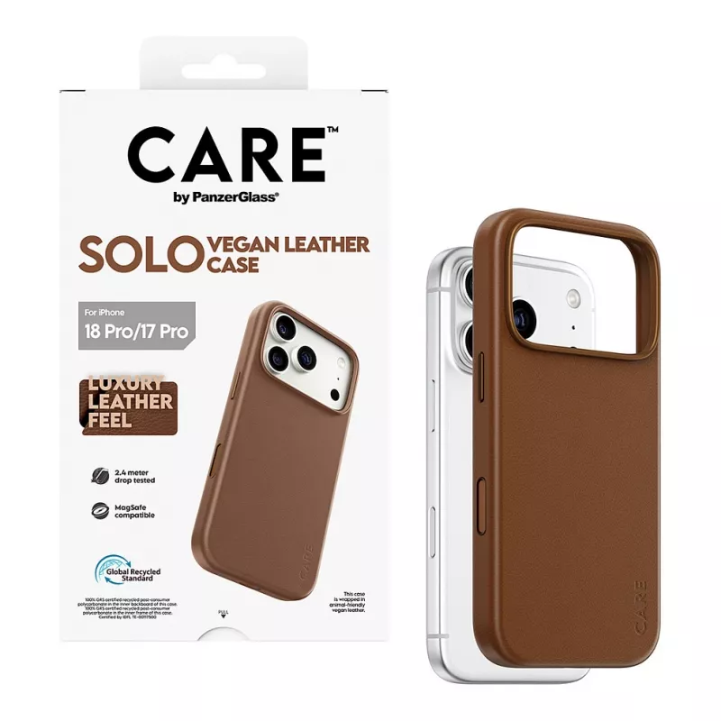 CARE by PanzerGlass Solo vegan-nahast ümbris pruun MagSafe'iga iPhone 17 Pro jaoks