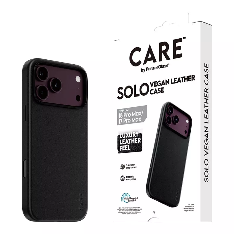 CARE by PanzerGlass Solo vegan-nahast ümbris MagSafe'iga iPhone 17 Pro Maxile - must