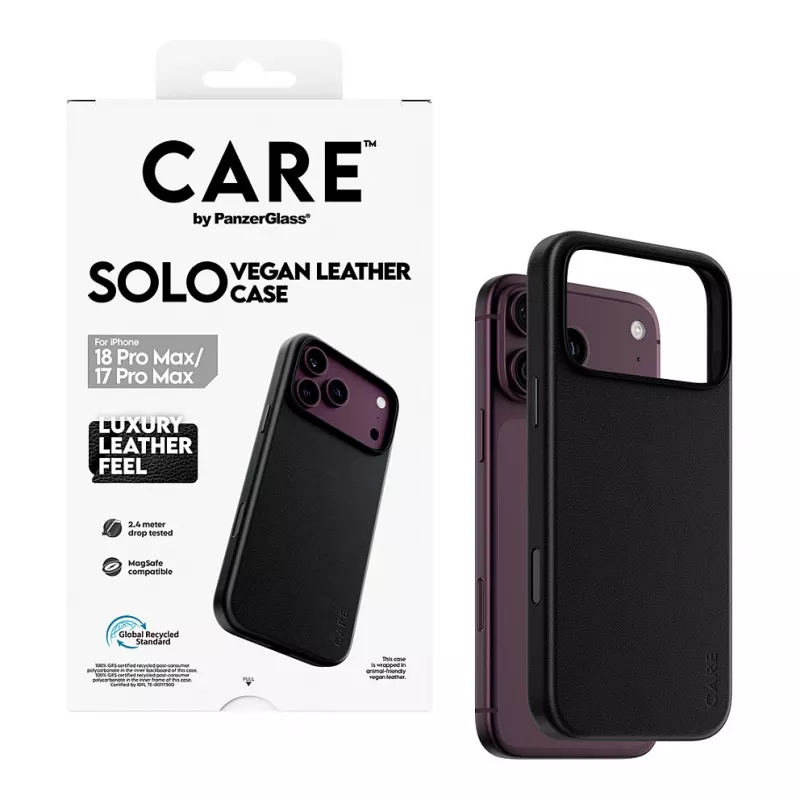 CARE by PanzerGlass Solo vegan-nahast ümbris MagSafe'iga iPhone 17 Pro Maxile - must