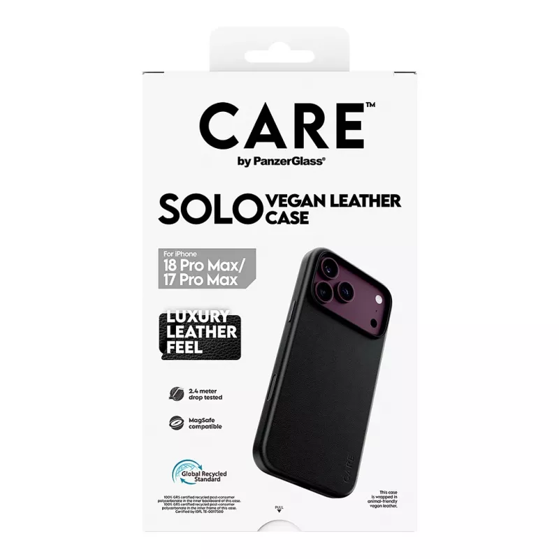 CARE by PanzerGlass Solo vegan-nahast ümbris MagSafe'iga iPhone 17 Pro Maxile - must