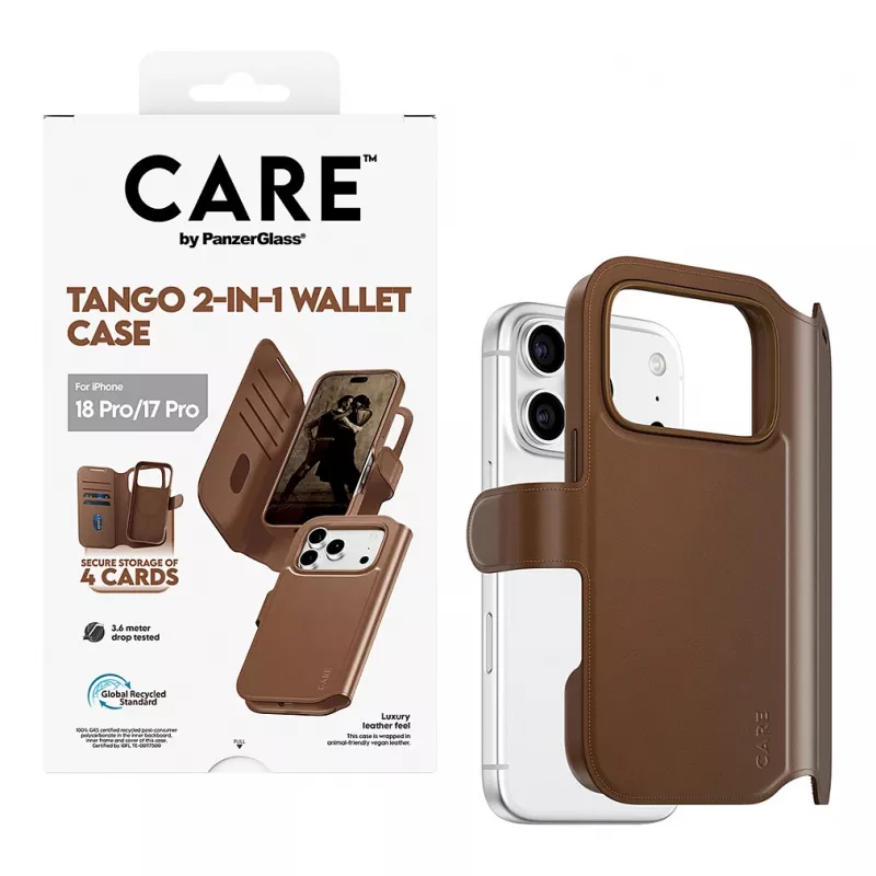 CARE by PanzerGlass Tango 2-in-1 rahakotikate pruun MagSafe'iga iPhone 17 Pro jaoks