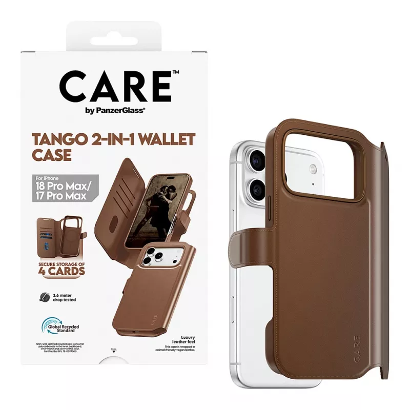 CARE by PanzerGlass Tango 2-in-1 rahakotikott pruun MagSafe-iga iPhone 17 Pro Max jaoks