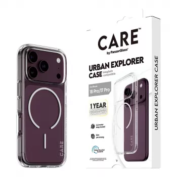 CARE by PanzerGlass Urban Explorer ümbris läbipaistev valge MagSafe rõngaga iPhone 17 Pro jaoks