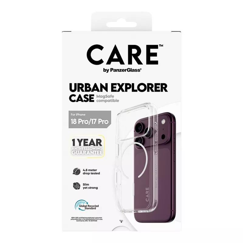 CARE by PanzerGlass Urban Explorer ümbris läbipaistev valge MagSafe rõngaga iPhone 17 Pro jaoks