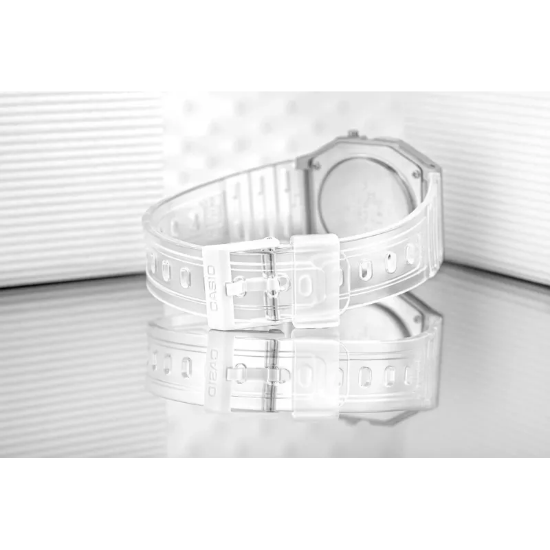 Casio F-91WS-7DF digitaalkell – läbipaistev valge vaigust korpus, unisex, kvarts, LED-taustvalgustus, veekindel 3 ATM