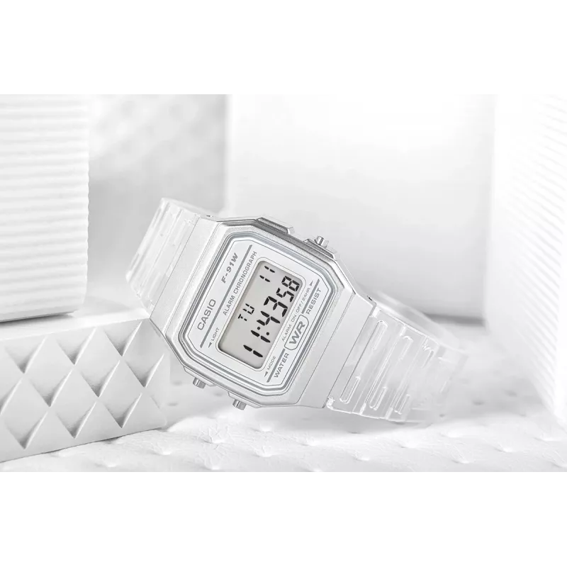 Casio F-91WS-7DF digitaalkell – läbipaistev valge vaigust korpus, unisex, kvarts, LED-taustvalgustus, veekindel 3 ATM