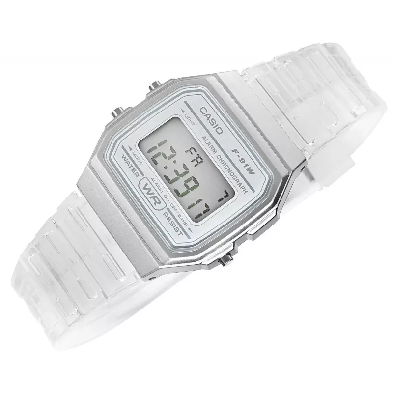 Casio F-91WS-7DF digitaalkell – läbipaistev valge vaigust korpus, unisex, kvarts, LED-taustvalgustus, veekindel 3 ATM