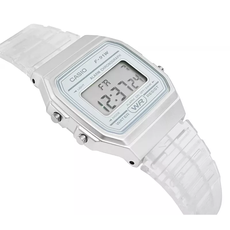 Casio F-91WS-7DF digitaalkell – läbipaistev valge vaigust korpus, unisex, kvarts, LED-taustvalgustus, veekindel 3 ATM