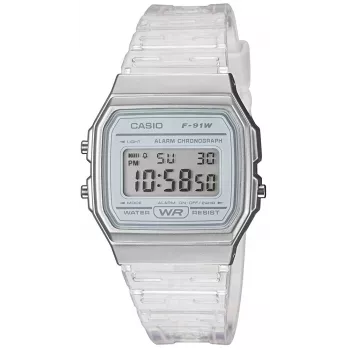 Casio F-91WS-7DF digitaalkell – läbipaistev valge vaigust korpus, unisex, kvarts, LED-taustvalgustus, veekindel 3 ATM