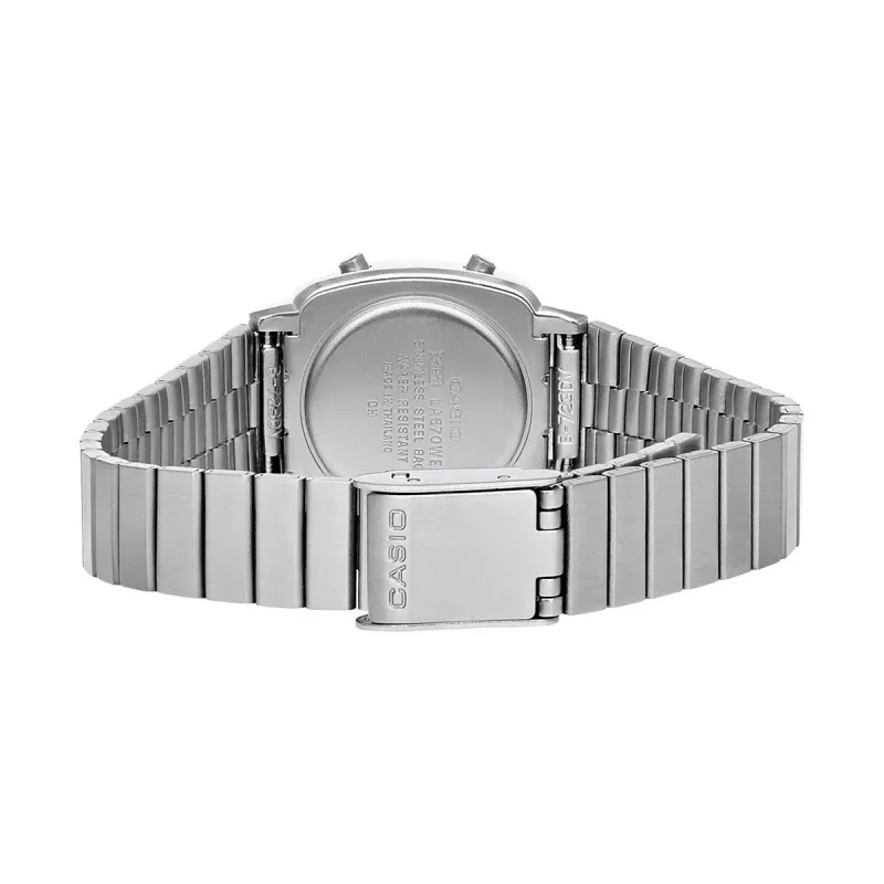 CASIO LA670WES-4AEF Naiste digitaalkell - Roosakuldne sihverplaat, hõbedane korpus ja käevõru, 24 mm