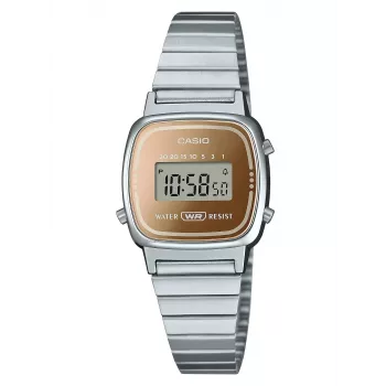 CASIO LA670WES-4AEF Naiste digitaalkell - Roosakuldne sihverplaat, hõbedane korpus ja käevõru, 24 mm