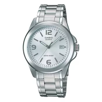 Casio MTP-1215A-7A meeste analoogkvartskell roostevabast terasest käevõruga, hõbedane sihverplaat, 38,4 mm korpus, kuupäeva ja nädalapäeva näidik, 50 m veekindlus