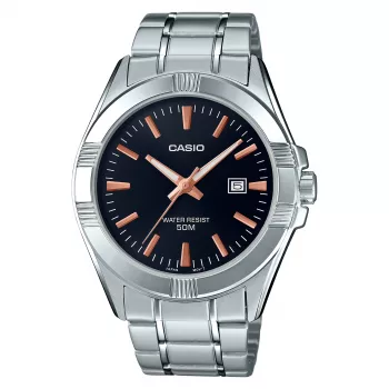 CASIO MTP-1308D-1A2 meeste analoogkvartskell, 48,9 mm, must sihverplaat, hõbedane roostevabast terasest käevõru