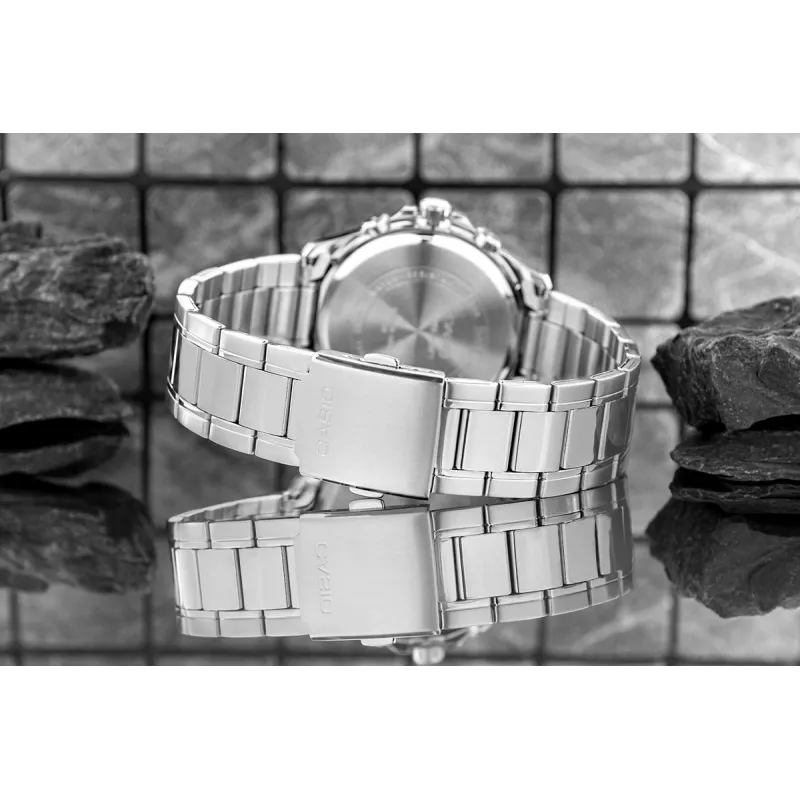 Casio MTP-1374D-2A3 meeste analoogkvartskell roostevabast terasest käevõruga, sinine sihverplaat, kuupäev-nädalapäev, 50 m veekindlus