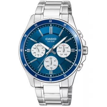 Casio MTP-1374D-2A3 meeste analoogkvartskell roostevabast terasest käevõruga, sinine sihverplaat, kuupäev-nädalapäev, 50 m veekindlus