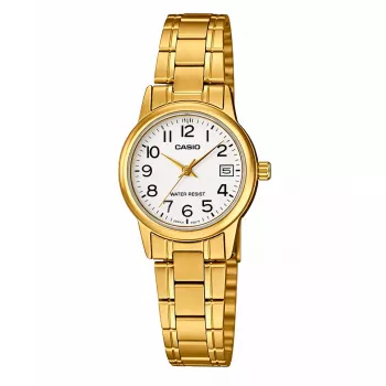 CASIO naiste LTP-V002G-7B2 analoogkvartskell, 31 mm kullaga ioonkattega roostevabast terasest korpus, hõbedane sihverplaat, käevõru