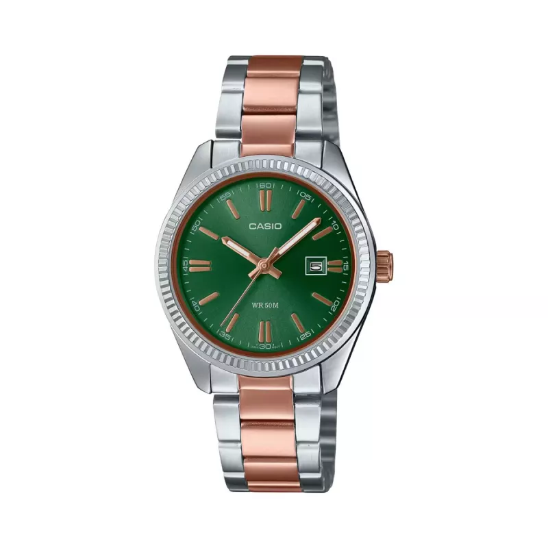 CASIO naiste LTP1302PRG3AV analoogkvartskell 34,5 mm roosakuldse tooniga roostevabast terasest rohelise numbrilaual