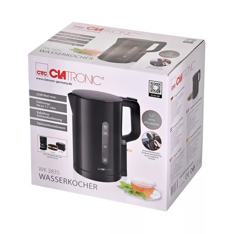 Clatronic WK 3835 juhtmeta elektriline veekeetja 1.7L 2200W must plastik